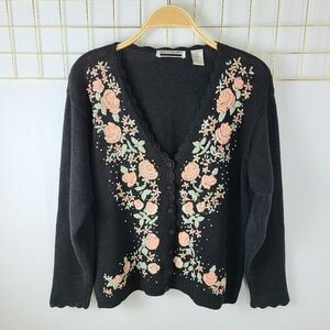 Work In Progress Floral Embroidered Beaded 90s Vintage Grandma Cardigan Sweater